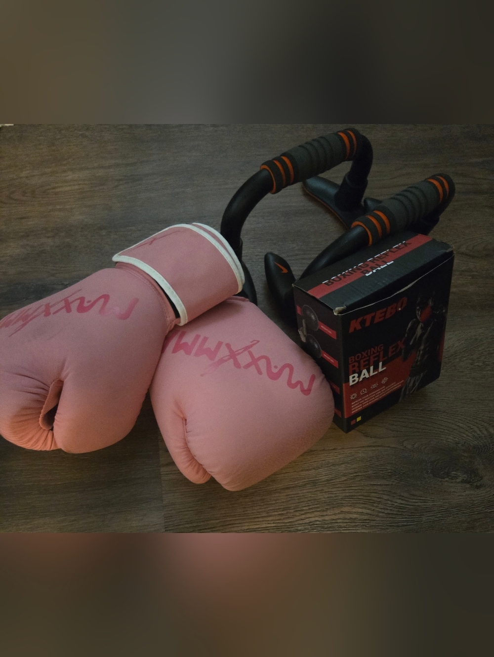 Pink Boxing Gloves with Black Push-Up Bars and KTEBO Boxing Reflex Ball